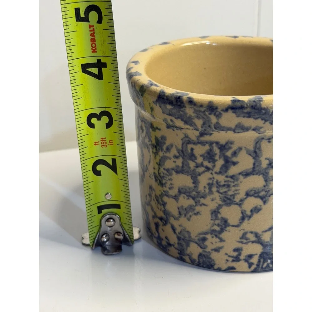 VTG Robinson Ransbottom Pottery Co Blue Spongeware Crock Jar Tan Stoneware RRPCo